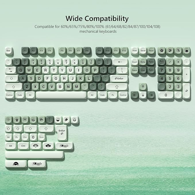 Womier Matcha Keycaps Green, PBT MOA Custom Keyboard Keycaps 60 65 75 100 Percent, Gradient Key Caps Set, 5 Side Dye Sublimation for Cherry Gateron MX Switches Keyboards, Green