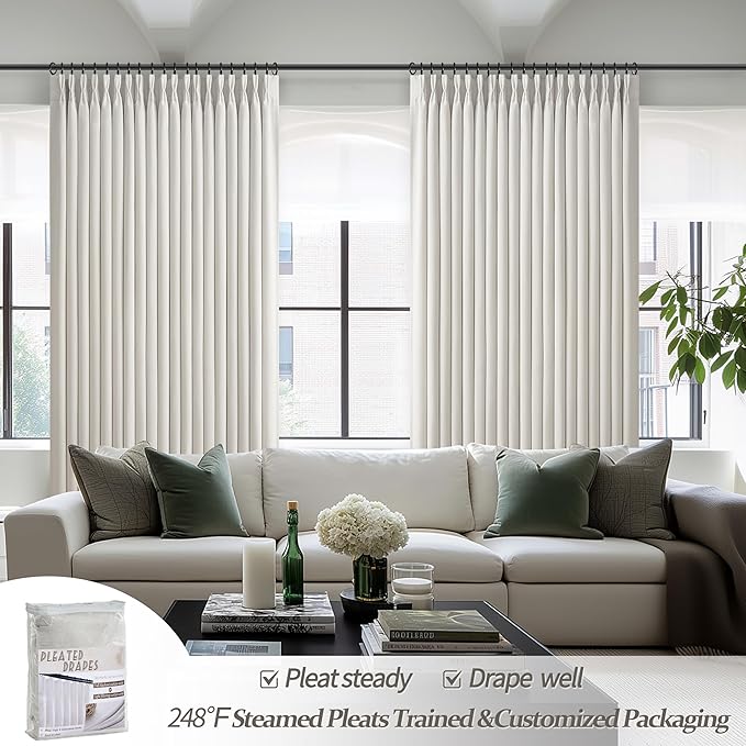 70 Inch Extra Wide Blackout Curtains & Drapes 108 Inches Long 2 Panels Set for Living Room, Pinch Pleated Insulated Sound Proof Double Layer Linen Heavy Farmhouse Window Curtain 70"Wx108"L Beige White