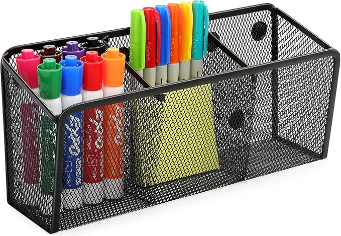 MaxGear Magnetic Pen Holder, Mesh Organizer Caddy, Pencil & Marker Storage for Desk, Extra Strong Magnets for Locker, Whiteboard, School & Office – 3 Baskets