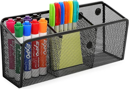 MaxGear Magnetic Pen Holder, Mesh Organizer Caddy, Pencil & Marker Storage for Desk, Extra Strong Magnets for Locker, Whiteboard, School & Office – 3 Baskets