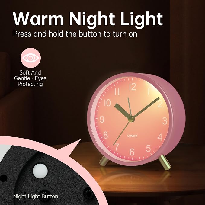 JALL Analog Alarm Clock, 4 inch Super Silent Non Ticking Small Clock with Night Light, Battery Operated, Simple Design, Easy Setting for Office, Bedroom, Bedside, Desk, Teens, Elders, Adult, Pink