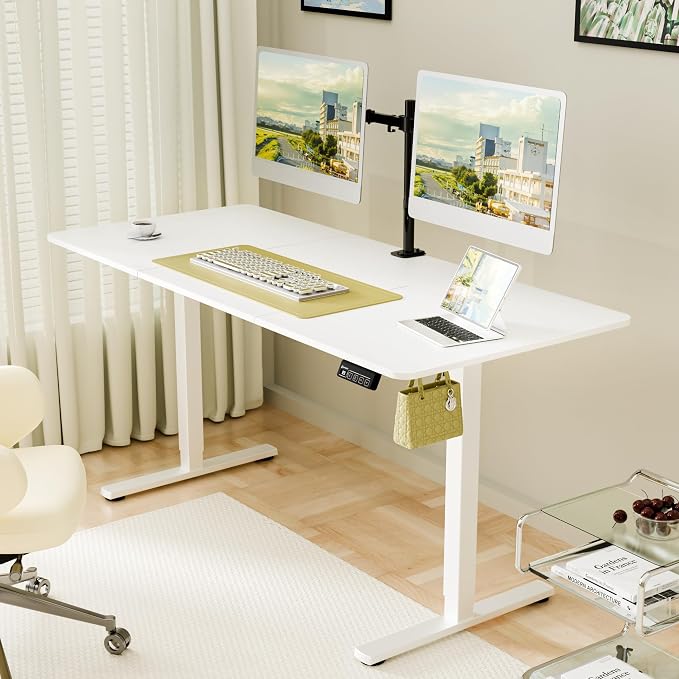 ERGOMAKER 63"x28" Standing Desk, Height Adjustable Sit-Stand Office, White | Electric Adjustable Standing Desk, Sit to Stand Computer Office Desk with Splice Board, Memory Preset, Lifts 28.7''-46.5"