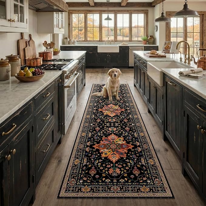 RELEANY Area Rugs Runner 3'x10' Washable Non-Slip, Floral Vintage Distress Medallion Carpet for Kitchen Hallway Bedroom Beside Laundry Room Bathroom, Black Colorful Floral Dark Tan