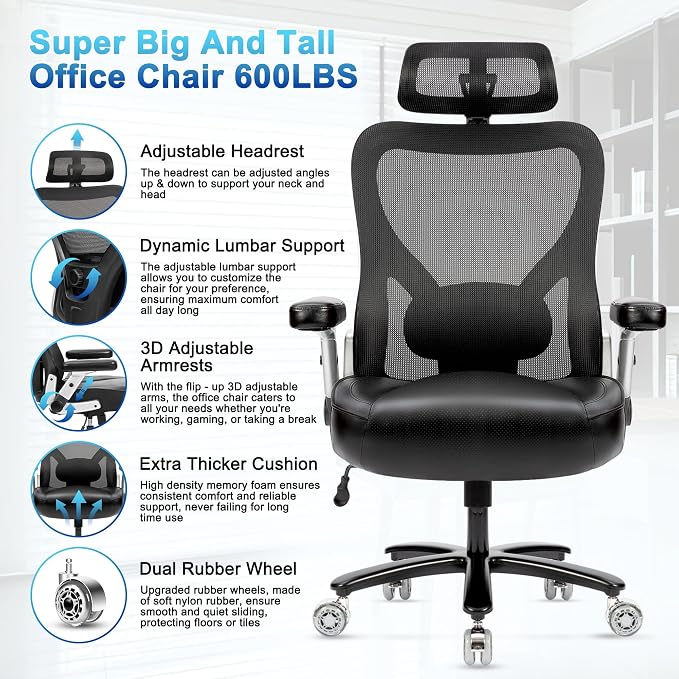 Super Big and Tall Office Chair 700lbs- Heavy Duty Executive Computer Chair with Rubber Wheels 3D Flip Arms, Ergonomic Mesh High Back Desk Chair, Wide Seat Adjustable Lumbar Support & Headrest