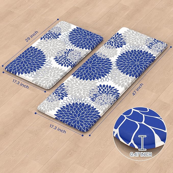 KIMODE Anti Fatigue Mats for Kitchen Floor Cushioned Kitchen Rugs Sets of 2 | 17"x47"+17"x29",Blue,Dahlia Floral Boho,Non Slip Rubber Backing,Waterproof,Wipe Clean,Standing Mat for Office Laundry Sink