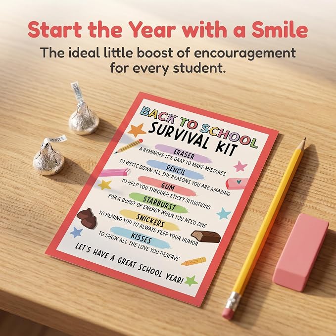 30 PCS Back to School Survival Kit,3.5x5 Inch Teacher Gift Insert Cards for Students,Back To School Student Treat Tags,First Day of School Classroom Welcome Supplies-BTSC03