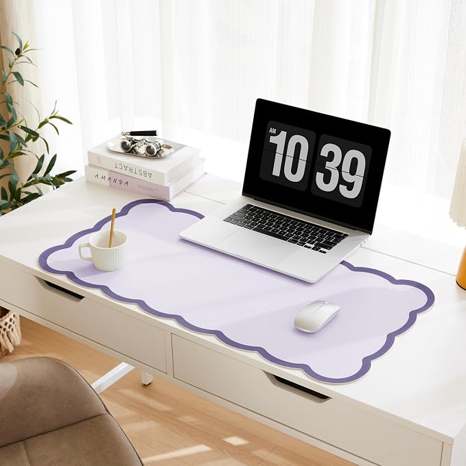 Scalloped Desk Mat, 31.5" x 15.7" Large Cute Aesthetic Desk Accessories, PU Leather Computer Laptop Desk Mouse Keyboard Pad, Desk Writing Mat for Vanity/Work/Home Decor Purple