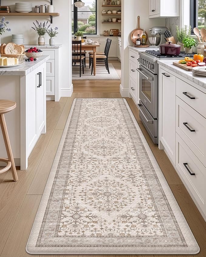 DEXI Kitchen Floor Mats Cushioned Anti Fatigue, 23x86 Long Wide Standing Comfort Runner Rug, Waterproof Rubber Memory Foam Padded for Front Sink Laundry, Beige and White