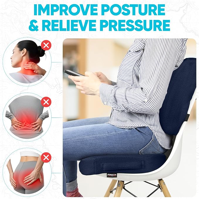 FORTEM Seat Cushion, Office Chair Cushion, Lumbar Support Pillow for Office Chair, Memory Foam Car Seat Cushions, Sciatica Coccyx Tailbone Pain Relief, Cushions for Back Support, Washable, Non Slip XL