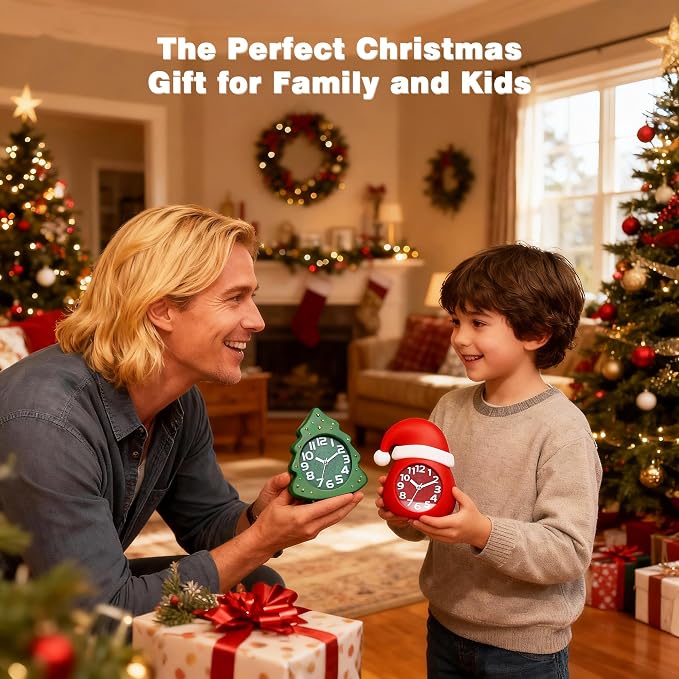 AYRELY® Christmas Alarm Clock Gift Set, 2 Silent Analog Clocks | Santa Hat & Christmas Tree Designs, Ready-to-Gift Holiday Edition for Kids & Family with Festive Gift Box