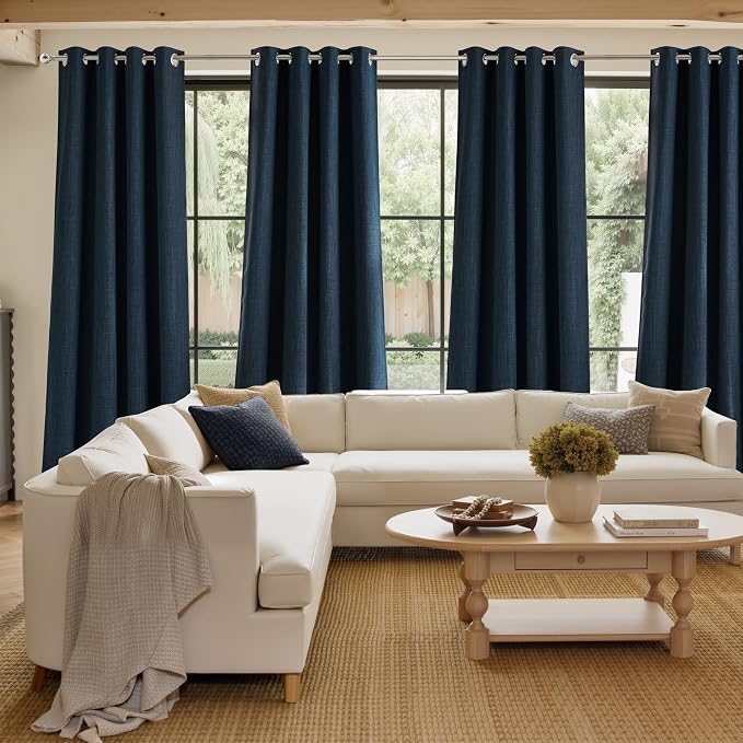 NICETOWN Navy Blue Faux Linen Room Darkening Rod Pocket Curtains 63 inch Length, W42 x L63, Light Blocking Thermal Insulated Noise Reducing Drapes for Bedroom Living Room Farmhouse Decor, 2 Panels