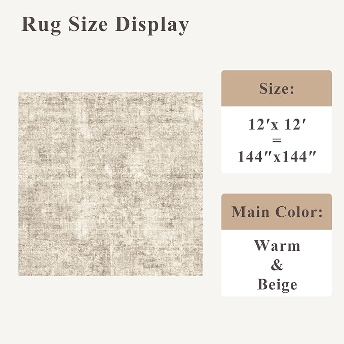 12x12ft Square Living Room Rug – Non-Slip Washable Extra Large Floor Carpet for Bedroom, Dining Room, Playroom Room – Modern Abstract Neutral Thin Low-Pile Big Indoor Rug (Warm Beige)