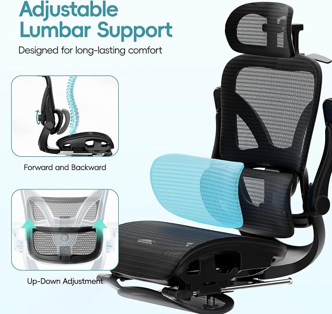 Alllion Ergonomic Mesh Office Chair, Home Desk Chair Comfy High Back with Adjustable Lumbar Support, 3D Headrest, Flip-up Arms, Big and Tall Reclining Computer Gaming Chairs for Men Women, Black