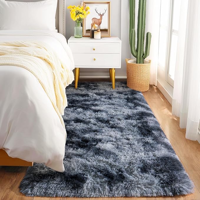 Fluffy Soft Runner Rug for Bedroom Hallways, 2x6 Area Rugs for Living Room, Modern Shaggy Carpets Fuzzy Rug for Boys Girls Dorm Nursery Home Decor, Upgrade Non-Slip Durable, Tie-Dyed Blue Grey
