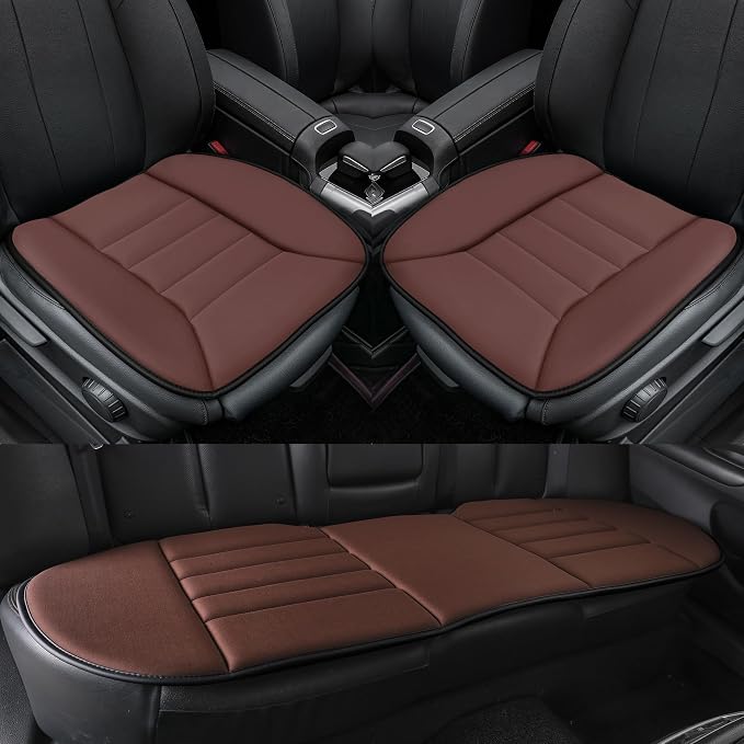 kingphenix 3-Piece Memory Foam Car Seat Cushion Set for Driving Comfort | 2 Front Seat Cushions and 1 Rear Bench Pad, 1.2-Inch Memory Foam, Non-Slip Bottom for Sedan, SUV, Truck and Van, Brown