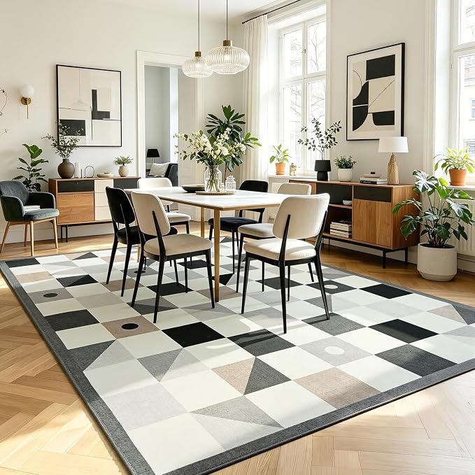 Terrug Grey and Beige Geometric Checkered Rug for Living Room, 5x7 Area Rugs Washable with Non Slip for Bedroom, Soft Low Pile Stain Resistance Carpet for Dinning Room