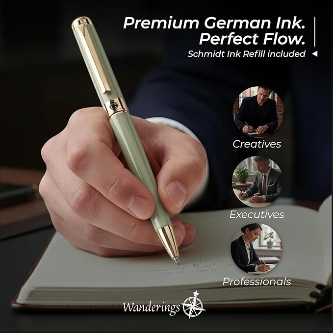 WANDERINGS Premium Ballpoint Pen with German Ink – Perfectly Balanced for a Superb Writing Experience, 24K Gold Plated Green Soft Sage Green- Includes a Schmidt Refill in a Giftable Presentation Case