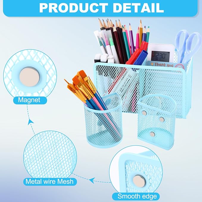 Sherr 3 Pcs Magnetic Pen Pencil Holder Set Magnets Wire Mesh Marker Holder Storage Basket for Locker Accessories Classroom Whiteboard Refrigerator and Home Wall, Macaron Color(Blue)