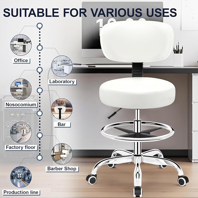 Brick Attic Drafting Chair with Backrest – Adjustable Foot Rest Rolling Stool with Wheels, PU Leather Swivel Stool for Office Spa Studio Lab Counter Salon Home Work Bar Kitchen Shop(White)