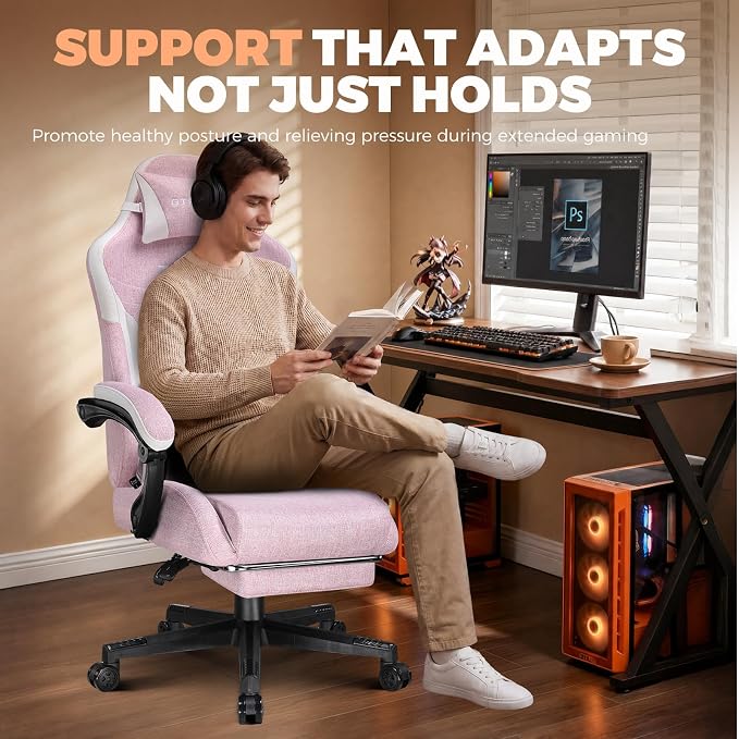 GTPLAYER Gaming Chair with Footrest, Ergonomic Office Chair 400lbs Heavy Duty, Big and Tall Computer Desk Chair with Lumbar Support and Headrest, Breathable Linen Fabric, 90-155° Recline Pink