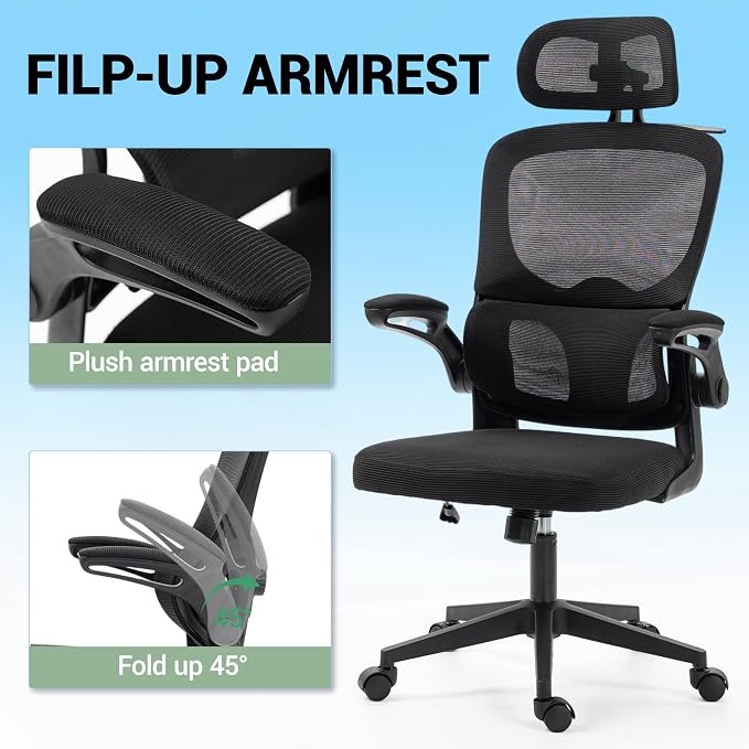 Ergonomic Office Chair with Flip-up Arms, Black | Home Desk Chair w/ Coat Hook, Adjustable Headrest and Lumber Support, Mesh Computer Gaming Chair, 330 LBS
