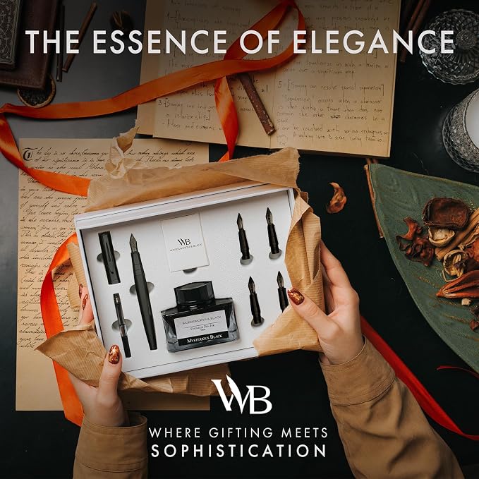 Wordsworth & Black Fountain Pen Gift Set, Includes Ink Bottle, 6 Ink Cartridges, A Refill Converter, 4 Replacement Nibs, Journaling, Calligraphy, Smooth Writing Pens [All Black]