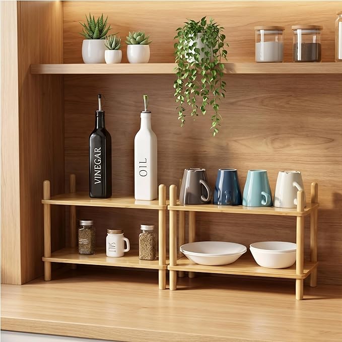 2-Tier Expandable Bamboo Desktop Organizer Shelf Kitchen Cabinet and Counter Riser Display Shelf for Top of Desk Home Office Bathroom Coffee Table Display Stand