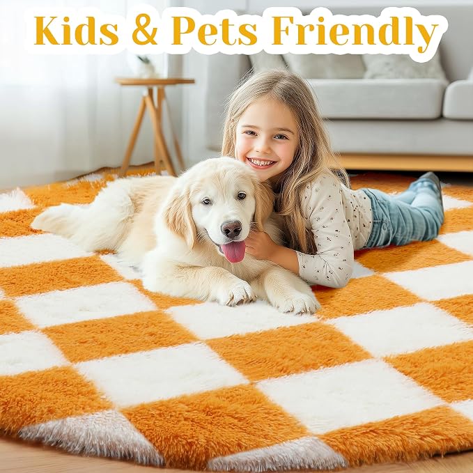 KICMOR Round Rugs 5ft Orange and Cream White Circle Area Rug, Fluffy Soft Fuzzy Shag Shaggy Bedroom Living Room Carpet, Indoor Checkered Circular Rug for Kid Boys Girls Home Decor Aesthetic, Nursery