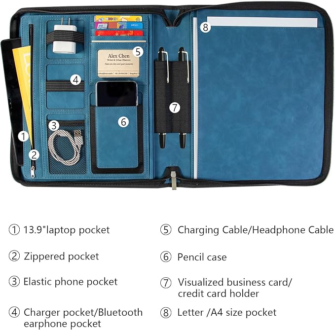 Leather Business Portfolio Organizer 13.4", Padfolio Binder for Women with Zipper, Fits 13" Laptop/Cellphone Charger Legal Pad Portfolio Document Folder ﻿ (Blue Flower)