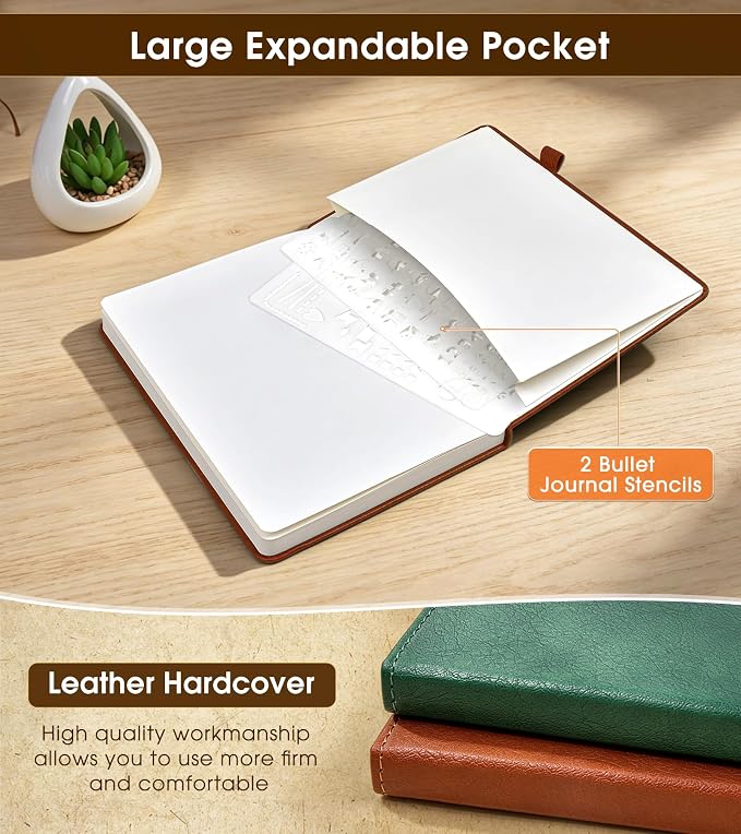 Dotted Journal Notebook, A5 Leather Hardcover, 160 Pages, 180° Lay-Flat Binding, 100 GSM Thick Paper, Dot Grid for Bullet Journaling, Planning & Daily Organization (Brown)