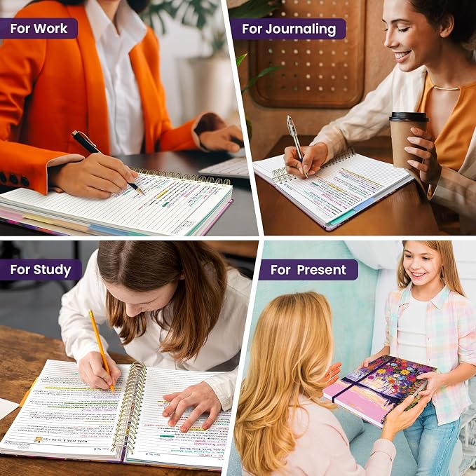 Large Spiral Lined Notebooks for Work with Removable Dividers & Tabs, 8.5"x11" Pretty Hardcover 5 Subject Notebook Journal for Women, College Ruled, Perfect for Study & Office Organization, 280 Pages,Lavender Sunset