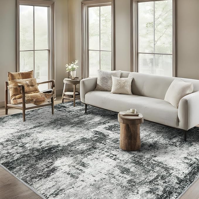 RUUGME Washable Abstract Rug 8X10: Non-Slip Stain Resistant Living Room Area Rug Soft Low Pile Dining Room Rugs for Under Table Bedroom Office - Large Indoor Carpet for Modern Home Decor(8X10 Black-A)
