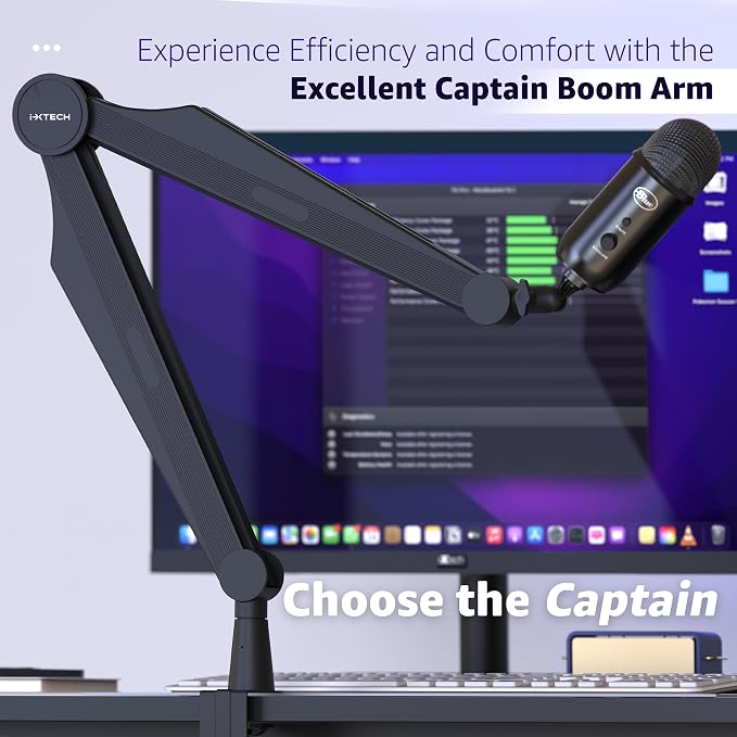 IXTECH Microphone Boom Arm Adjustable Stick Mic Arm Stand with Desk Mount Clamp Overhead 360° Rotatable Microphone Stand with Cable Management for Podcast Streaming Gaming Studio CAPTAIN Model