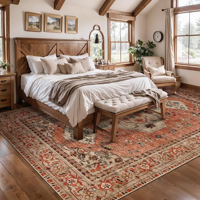 Tangsoo Boho Rug 5x7 Washable Area Rugs for Living Room, Oriental Vintage Indoor Non Slip Large Area Rug, Print Terracotta Carpet, Soft Low Pile Rug Foldable Floor Rugs for Bedroom Dining Room Dorm