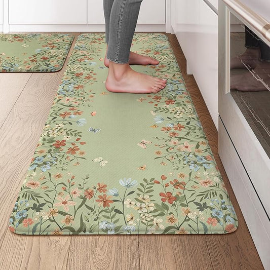 KIMODE Kitchen Mats for Floor Anti Fatigue, 20"x47"+20"x32" Farmhouse Kitchen Rugs Sets of 2, Padded Kitchen Floor Mats, Comfort Standing Mats for Sink Laundry Office Desk Sage Green