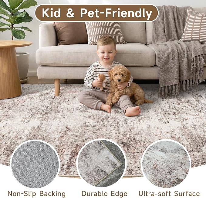 Washable Abstract Area Rug 12x15 - Large Soft Rugs for Living Room Non Slip Indoor Carpet for Bedroom Living Room Farmhouse Distressed Stain Resistant Floor Decor Mat 12x15 Brick/Brown/Beige