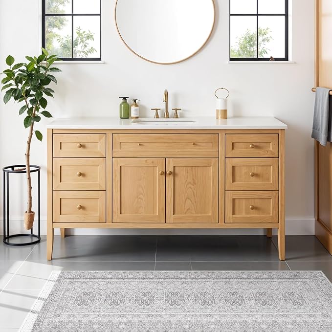 2x5 Runner Rug Kitchen Washable:Oriental Indoor Hallway Runners with Non Slip Backing Floor Mat for Entryway Door Low Pile Thin Carpet for Bedroom Bathroom Living Room Bedside (Grey, 2x5)