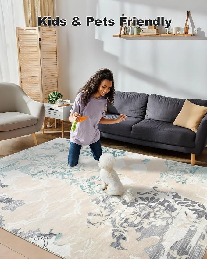 Macgace Washable Abstract Rug, 8x10 Ivory and Aqua Floral Area Rugs with Non-Slip Rubber Backed for Living Room, Low Pile Modern Throw Carpet Bedroom Dining Room Decor