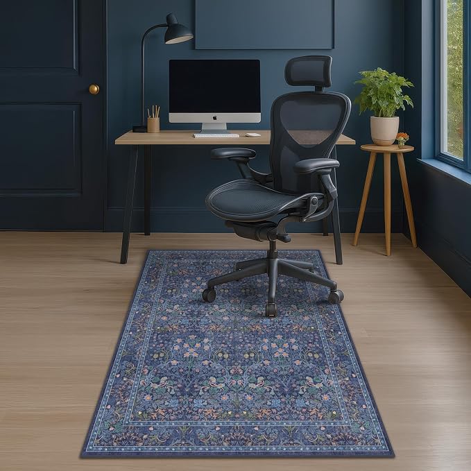 Dark Blue Office Chair Mat for Hardwood Floors, Tile Floor Protector for Heavy Duty Office Chairs, Under Desk Carpet with Anti-Slip & Stain Resistant, Ultra Soft Low Pile Washable Area Rug, 4x5