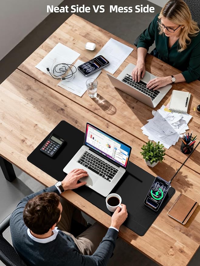 Mouse Pad with Magnetic Wireless Charging & Adjustable Phone Stand | 27.5"x11.8" Computer Keyboard Pad Mat with Anti-Slip Base & Stitched Edge, Easy Gliding, Spill-Resistant Surface, Black