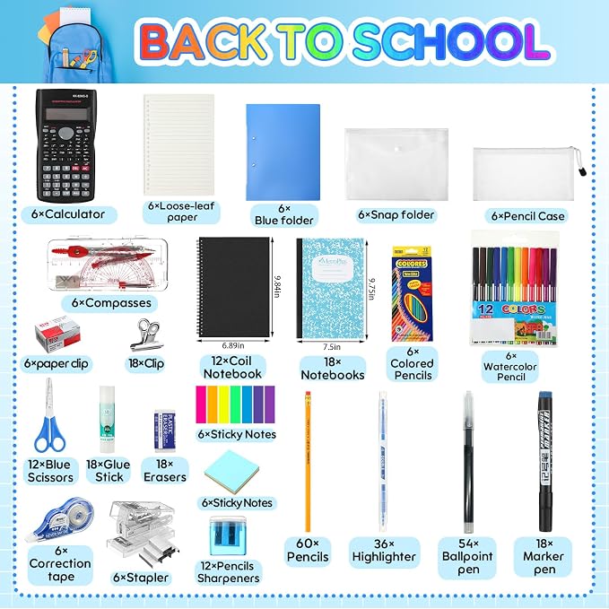 Gilprop 816 Pcs Middle High School Supplies Kit 6 Sets Back to School Supplies for Kids Middle High College Bundle Essential Stuff Bulk Stapler Notebook Calculator for Student Teen Classroom