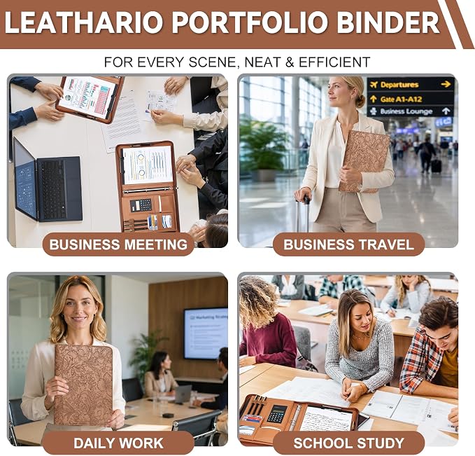 Leathario Portfolio Binder, Includes 5 Sheet Protectors and a Pen, 13 Inch Tablets Organizer, Vegan Leather A4 Padfolio, Multi-Pocket Notepad Business Planner Professional Document