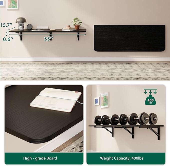 Dogsky Wall Mounted Folding Table, Floating Desk 55x15.7Inch, Fold Down Shelf Wall Mounted with Heavy Iron Brackets, Foldable Table for Launrdy Room, Office Study Work Bench, Kitchen Dining, Black