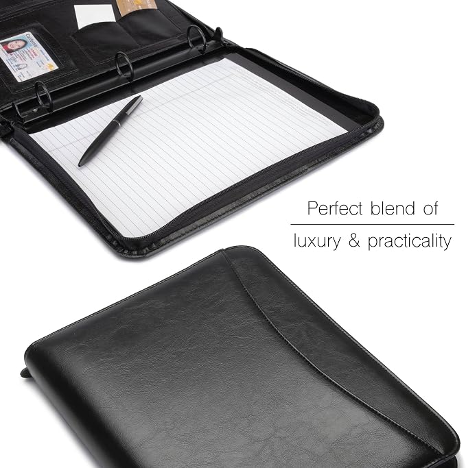 Travigo 3-Ring Zipper Portfolio Binder | 1.25" Faux Leather Padfolio with Zipper for Women & Men | Professional Business Portfolio Folder with Writing Pad, Gusseted File Pocket, ID Window (Black)