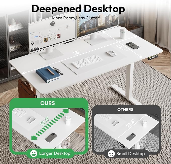Large Electric Standing Desk,55x28 Inches Adjustable Height Stand up Desk, Sit Stand Home Office Desk, 3 Preset Heights,Equipped with Hooks,Ergonomic Computer Desk Workstation，White