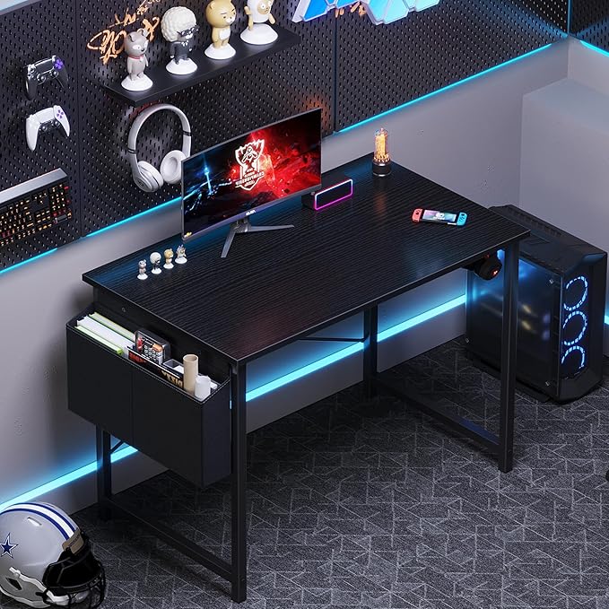 OLIXIS Small Computer Desk, 40 Inch Home Office Desks, Writing Study Craft Work Gaming Table, Computer Workstation for Bedroom Small Spaces with Storage Bag and Headphone Hook, Black