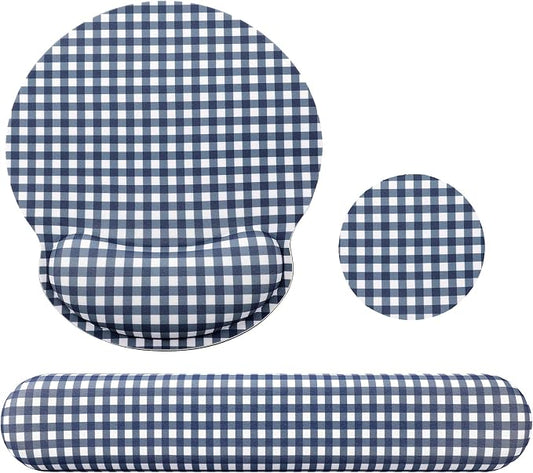Tellegloww Wrist Rest Support for Mouse Pad&Keyboard Set, Navy Blue Gingham Checkered Circle Curved Ergonomic Mousepad&Coaster Non-Slip Base Design for Office Home Laptop Desktop Computer Keyboard