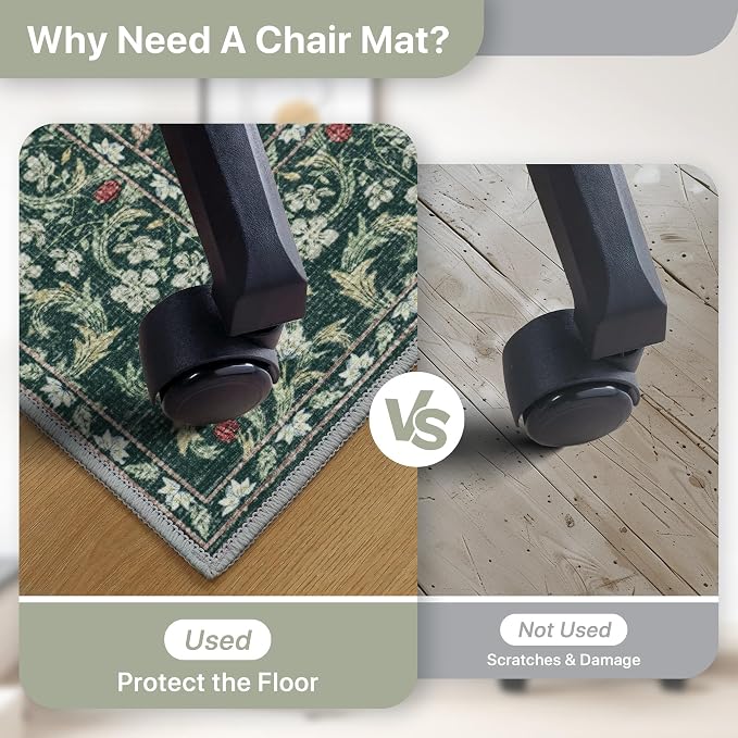 48"x72" Office Chair Mat for Hardwood Tile Floor, Under Desk Carpet Protector for Rolling Computer Chair Mat, Machine Washable Area Rug, Anti-Slip 1/5" Thick Low Pile Thin Vinyl Floor Mat, Moss Green