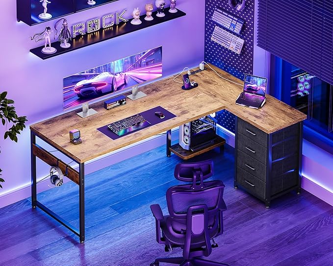 AODK 61" L Shaped Gaming Desk with 4 Drawers and Power Outlets, Vintage | USB Ports, PC Tower Stand, Hooks, Reversible Corner Layout for Gaming Rooms, Bedrooms and Home Office