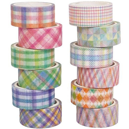 Basic Grid Washi Tape Set 12 Rolls Plaid Decorative Masking Tapes for Arts, DIY Crafts, Journals, Planners, Scrapbook, Wrapping (Colored)